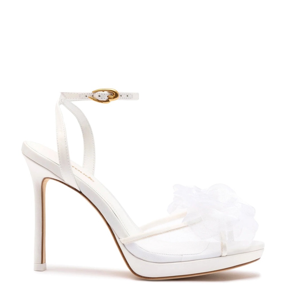 NEW NIB Larroude Salma Flower Appliqué Platform Sandal Heels White Satin & Mesh